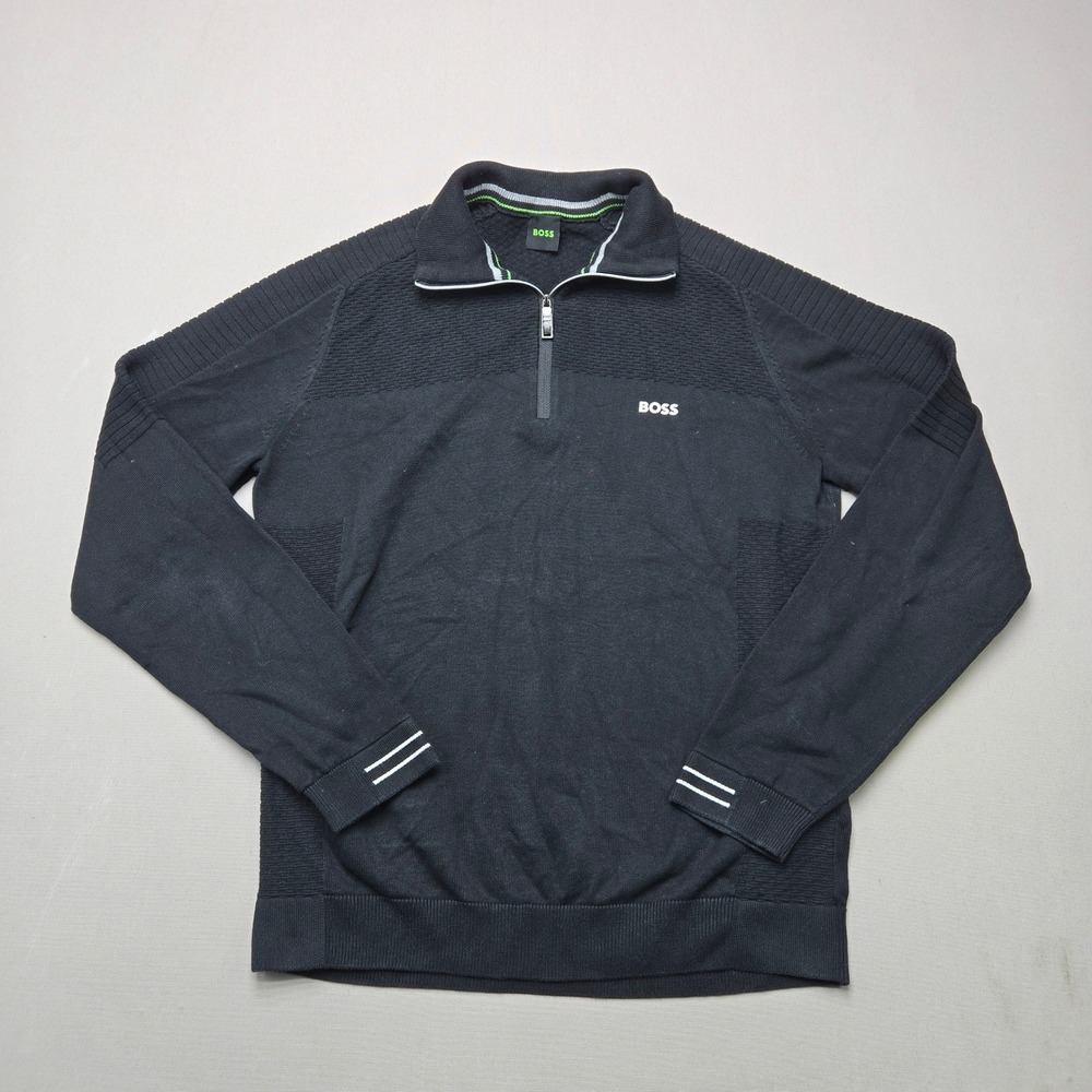 BOSS Pullover Quarter-Zip Textured Knit Black Mens Medium